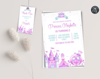 May include: A pink and purple princess-themed birthday invitation with a castle and carriage illustration. The invitation reads "Join us for a magical celebration Princess Maybelle is turning 2. Saturday, December 15, 2023. Lake View River Park 125 Adress Street. From 2:00 to 4:00 PM. RSVP Mom @ 123 456 7890."