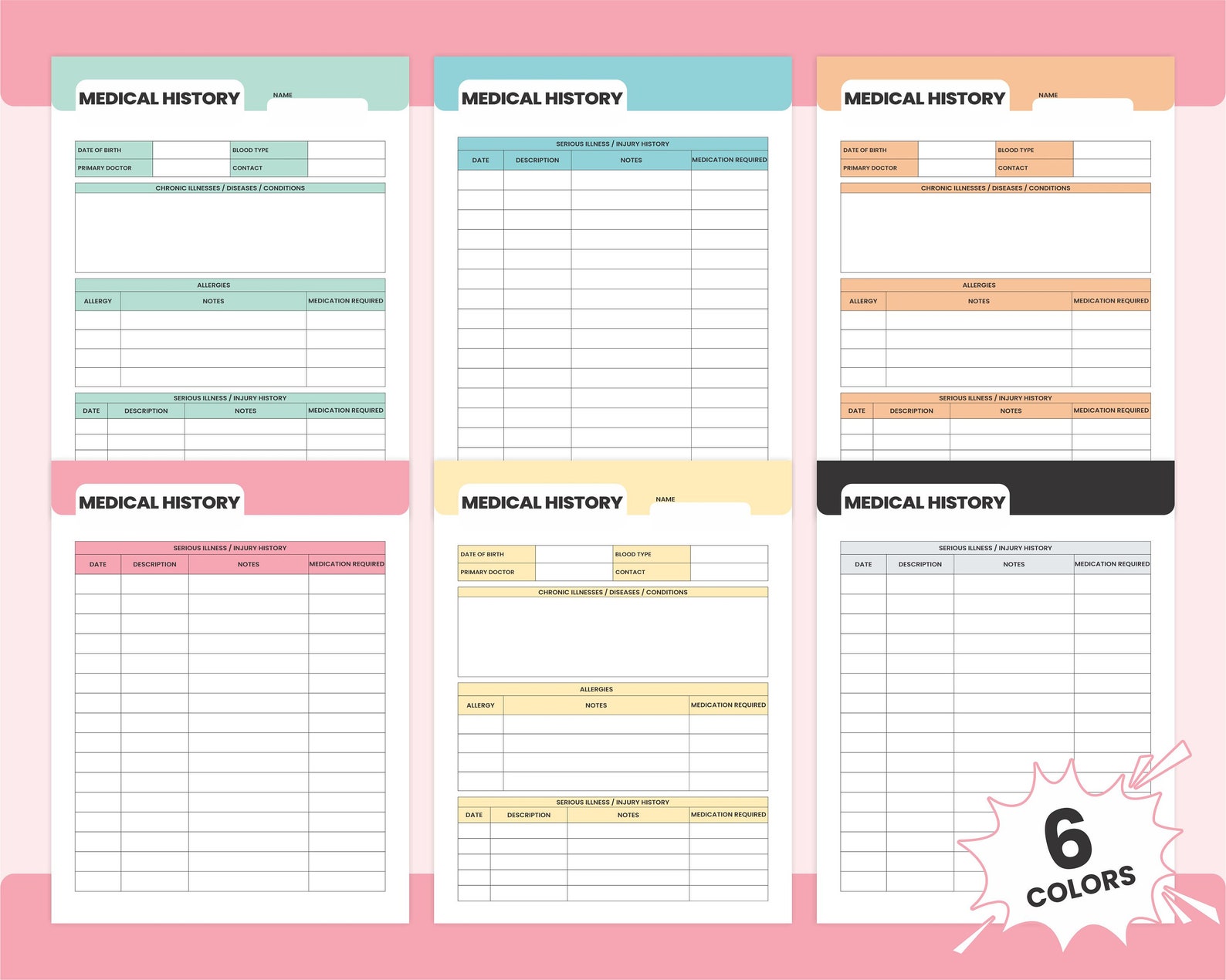 Printable A4 Medical History Form Template, Health Binder, Medical ...