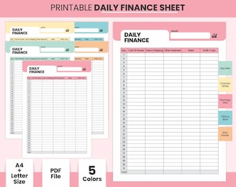 Afdrukbare dagelijkse business finance sales tracking sheet, eigenaren van kleine bedrijven digitale inkomsten- en uitgavenlogboek, winst en kosten van goederen tracker