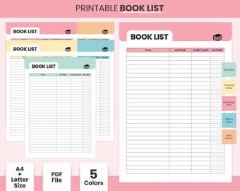 May include: Printable book list template in five colors: sea mist, colonial white, flamingo pink, tiffany blue, and wax flower. The template includes columns for title, author, start date, and rating.