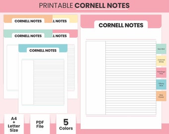 Peut inclure: Modèle de notes de Cornell imprimable en cinq couleurs : brume marine, blanc colonial, rose flamant, bleu Tiffany et fleur de cire. Le modèle est au format A4 ou Letter et est disponible en fichier PDF.