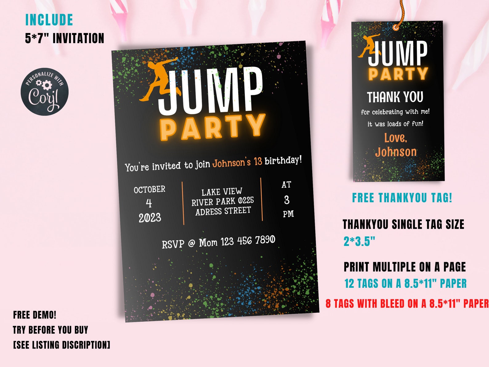 Trampoline Park Birthday Invitation, Trampoline Party, Jump Birthday Party Invitation, Jumping