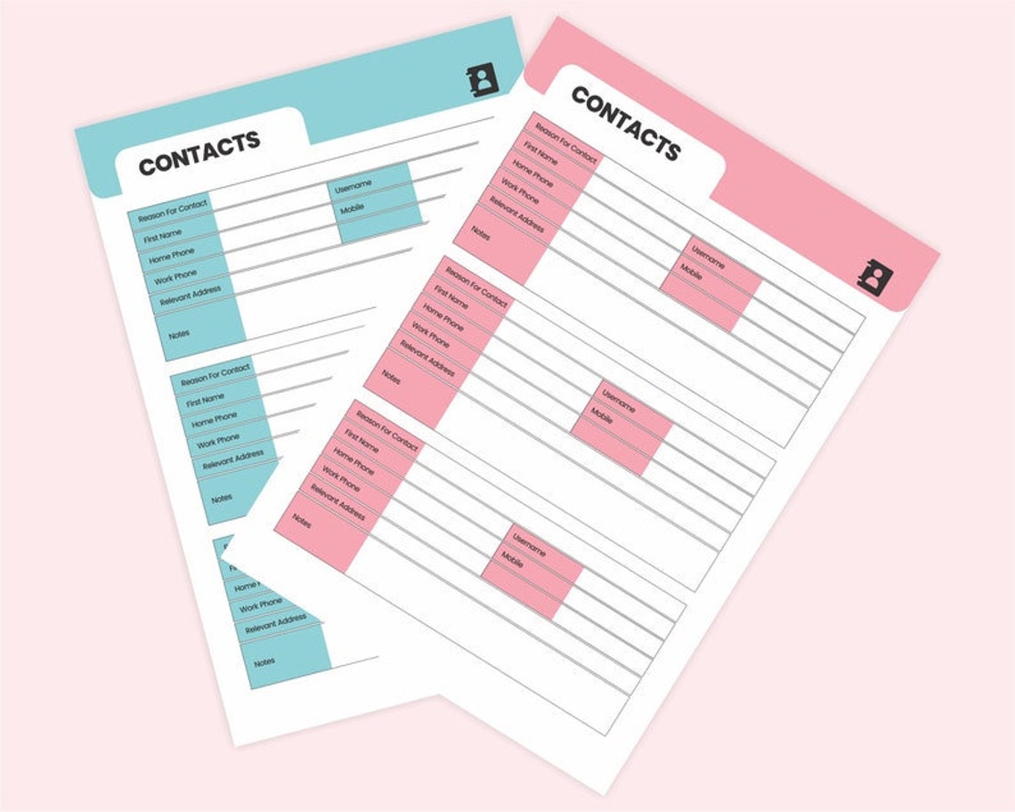 Printable Contact List Template PDF Address Book A4 and Letter Size Emergency Contacts Log Book