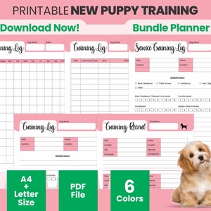 Afdrukbare nieuwe puppytrainingslogboek, A4 puppy-checklist, huisdierverzorgingstracker, PDF hondenverzorgingsplan, puppybenodigdheden, leuke hondentrainer overzicht