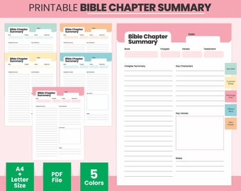 May include: Printable Bible Chapter Summary sheets in five colors. The sheets include sections for book, chapter, verses, testament, chapter summary, key characters, and key verses. The sheets are available in A4 and Letter sizes as a PDF file.