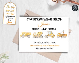 May include: Construction vehicle themed birthday party invitation with a yellow and orange color scheme. The invitation says "Stop the traffic & close the road" and "Jasson is turning four years old". The invitation also includes the date, time, and location of the party.