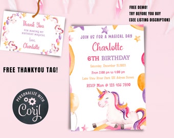 Printable Unicorn Birthday Invitation, Editable Unicorn Birthday Party Invite, Unicorn Rainbow Invites, Magical Invitation, Instant Download