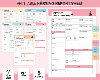 May include: Printable nursing report sheet template in five colors: Sea Mist, Colonial White, Flamingo Pink, Tiffany Blue, and Wax Flower. The template includes sections for patient background, assessments, labs, plan of care, and notes.