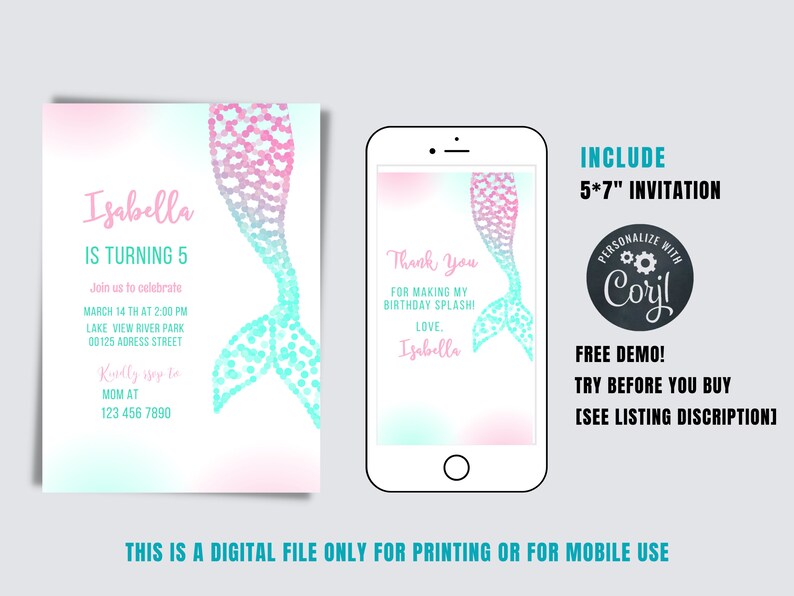 Editable Mermaid Birthday Invitation Printable Mermaid - Etsy