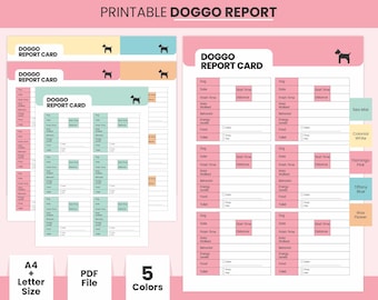 Puede incluir: Plantilla de tarjeta de informe de perro "doggo" imprimible en cinco colores: neblina marina, blanco colonial, rosa flamenco, azul Tiffany y flor de cera. La plantilla incluye secciones para la fecha, la hora de inicio, la hora de finalización, la distancia recorrida, el comportamiento, los niveles de energía, la comida y el baño.