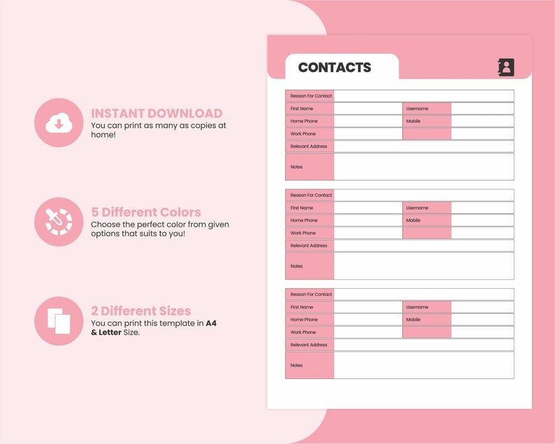 Printable Contact List Template PDF Address Book A4 and Letter Size