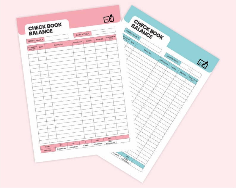 Printable Daily Check Book Balance Sheet Income &amp; Expense Log Page A4 ...