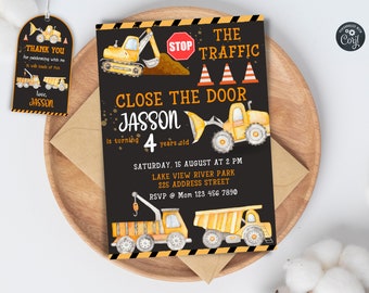 May include: Construction themed birthday party invitation with a black background and yellow construction vehicles. The invitation says "Close the Door Jasson is turning 4 years old". The date and time of the party are listed as "Saturday, 15 August at 2 PM". The location is "Lake View River Park, 225 Address Street". The RSVP information is "Mom 123 456 7890".