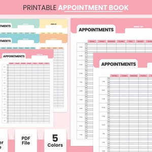 May include: Printable appointment book with five different colour options: Sea Mist, Colonial White, Flamingo Pink, Tiffany Blue, and Wax Flower. The book has a weekly layout with columns for Monday to Sunday and rows for time slots from 9 AM to 7 PM.