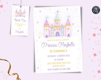 May include: A pink and purple castle with gold accents and a white background. The text "Princess Maybelle is turning 2" is written in purple and gold. The invitation includes the date, time, and location of the party.
