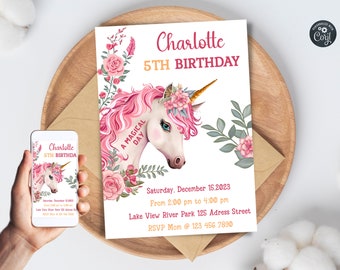 Printable Unicorn Birthday Invitation, Editable Unicorn Birthday Party Invite, Unicorn Rainbow Invites, Magical Invitation, Instant Download