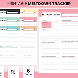 Op de afbeelding: Printbare meltdown-tracker met zes kleuropties: zeemist, koloniaal wit, flamingo roze, tiffany blauw, wasbloem en zwart. De tracker bevat secties voor informatie, triggers, hoe de meltdown eindigde, sensorisch niveau tijdens de meltdown en dingen om te proberen bij de volgende meltdown.