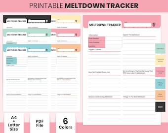 Può includere: Tracker di meltdown stampabile con sei opzioni di colore: nebbia marina, bianco coloniale, rosa fenicottero, blu Tiffany, fiore di cera e nero. Il tracker include sezioni per informazioni, trigger, come è terminato il meltdown, livello sensoriale durante il meltdown e cose da provare al prossimo meltdown.