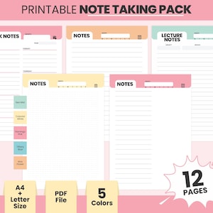 Printable Student Notes Template PDF, Digital Lecture Notes Taking Pack Sheets For School, College, University, A4 Lined, Dotted Notebook