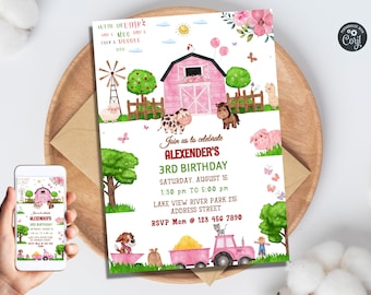 Modèle d'invitation de fête d'anniversaire de ferme, invitation d'anniversaire d'animaux de ferme, basse-cour, fête d'anniversaire de ferme mobile, imprimable