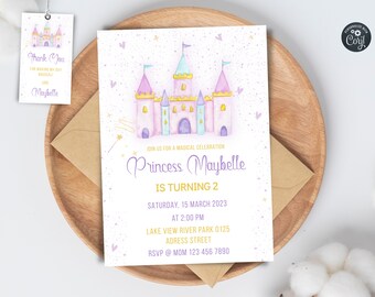May include: A pink and purple castle with gold accents on a white background with purple hearts and gold stars. The text reads "Join us for a magical celebration Princess Maybelle is turning 2 Saturday, 15 March 2023 at 2:00 PM Lake View River Park 0125 Adress Street RSVP @ Mom 123 456 7890"