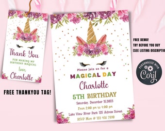 Printable Unicorn Birthday Invitation, Editable Unicorn Birthday Party Invite, Unicorn Rainbow Invites, Magical Invitation, Instant Download