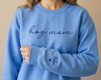 Embroidered Boy Mom Sweatshirt, Personalized Kids Names on Sleeve, Boy Mama Crewneck