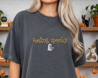 Comfort Colors Embroidered Halloween Shirt -  Feeling Spooky Tee