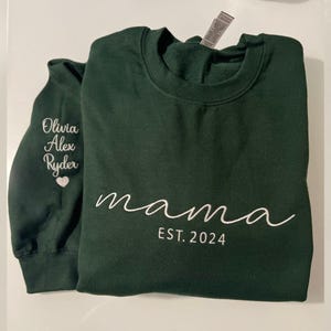Embroidered Mama Sweatshirt with Date and Kids Names on Sleeve, Custom Embroidered Mama Sweatshirt with Date and Kids Names on Sleeve