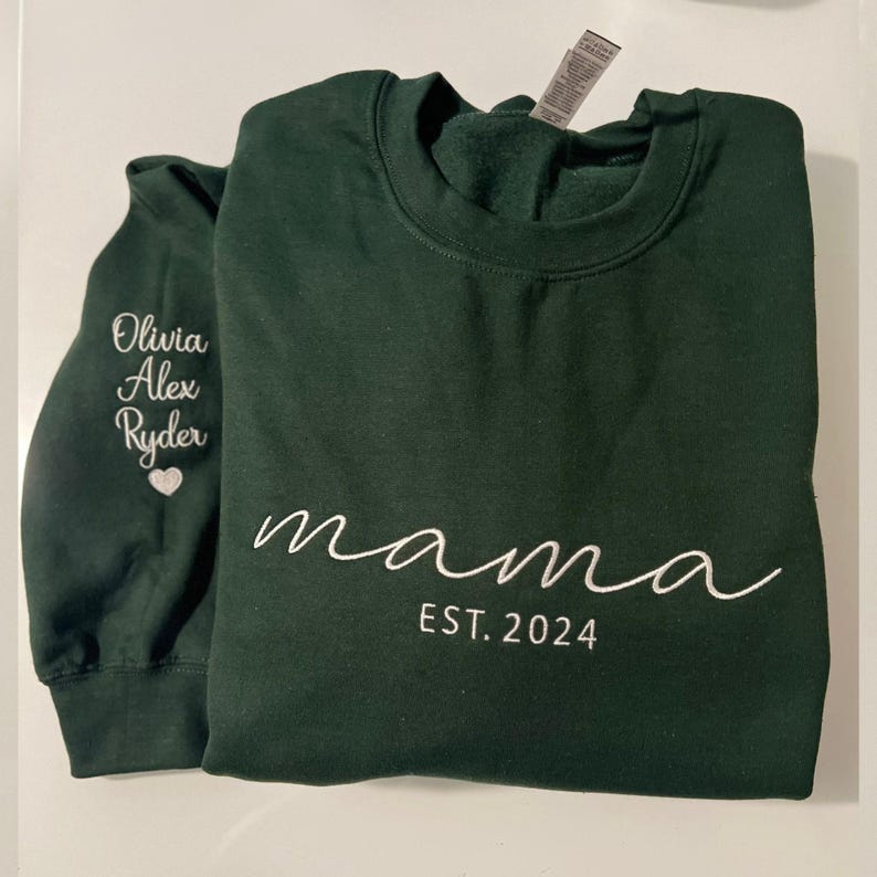 Embroidered Mama Sweatshirt with Date and Kids Names on Sleeve, Custom Embroidered Mama Sweatshirt with Date and Kids Names on Sleeve