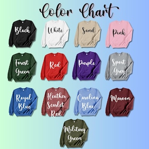 a collection of 12 different colored sweatshirts, each with a unique color and style, arranged in a grid pattern.