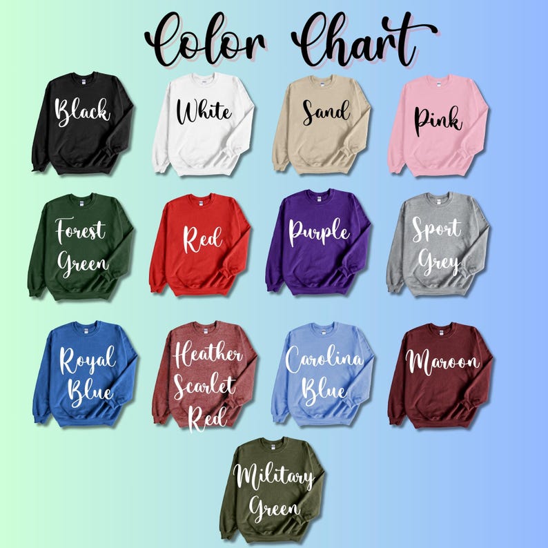 a collection of 12 different colored sweatshirts, each with a unique color and style, arranged in a grid pattern.