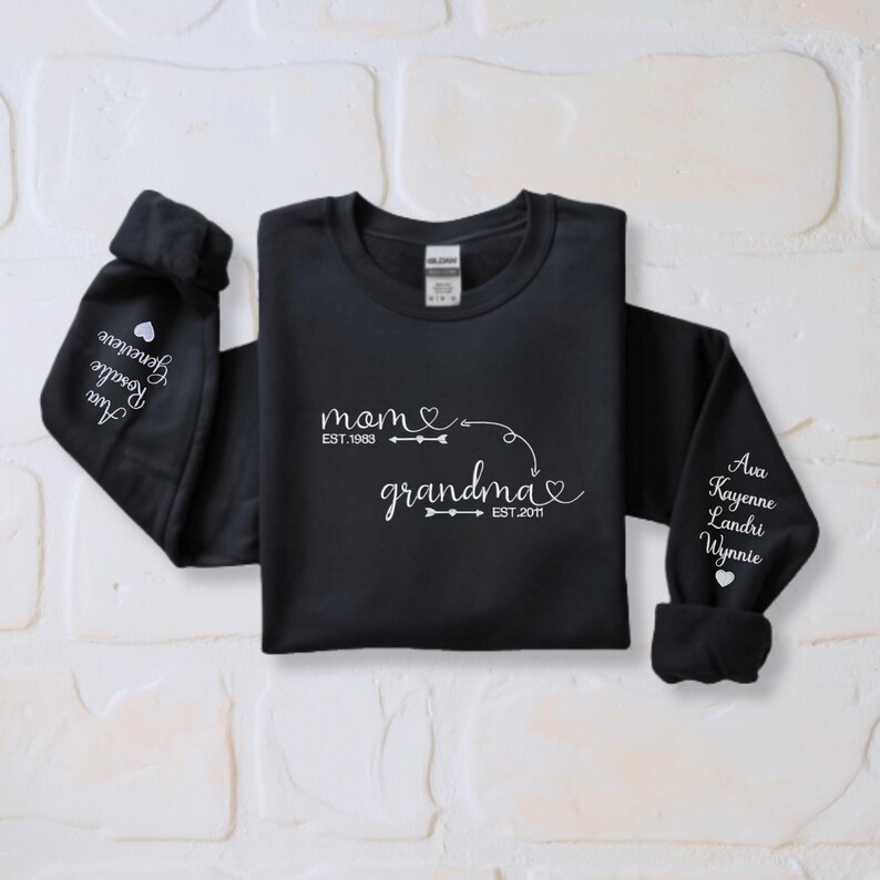 Custom Mom to Grandma Sweatshirt with Kids Names on Sleeves, Personalized Family Sweatshirt Gift