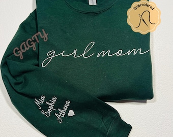 Embroidered Girl Mom Sweatshirt: Custom Kids Names & Date Sleeve