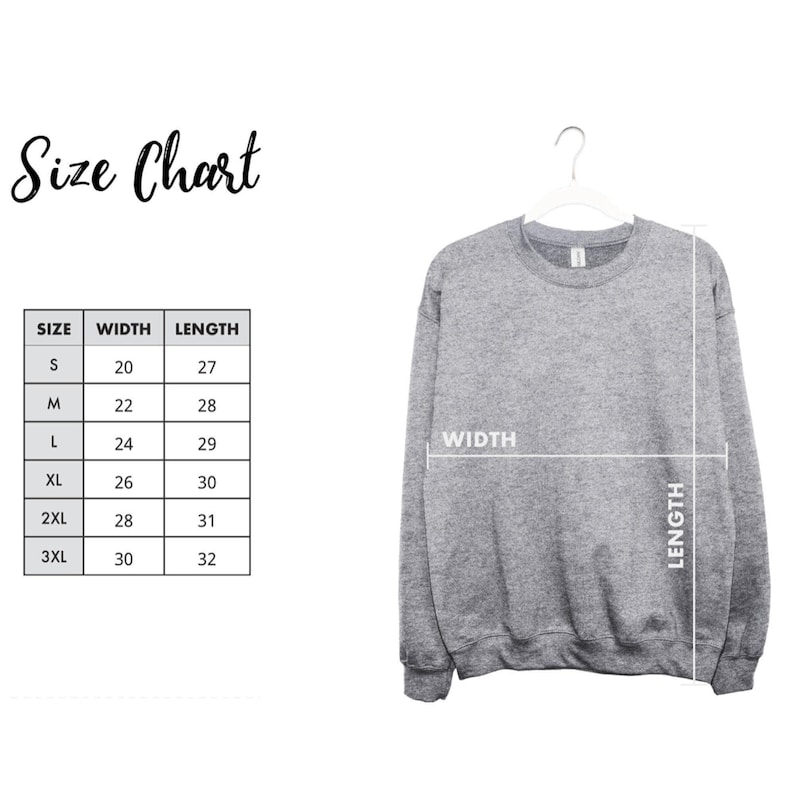 a gray sweatshirt hanging on a hanger, with a size chart and measurements displayed next to it.