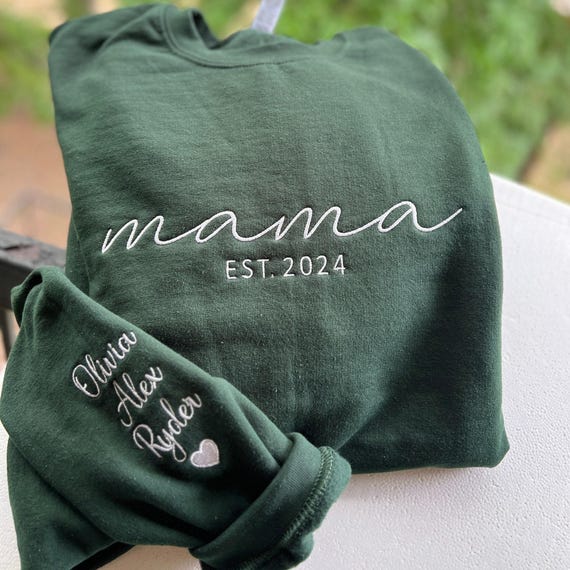 Embroidered Mama Sweatshirt: Personalized Kids Names & Date - New Mom Gift