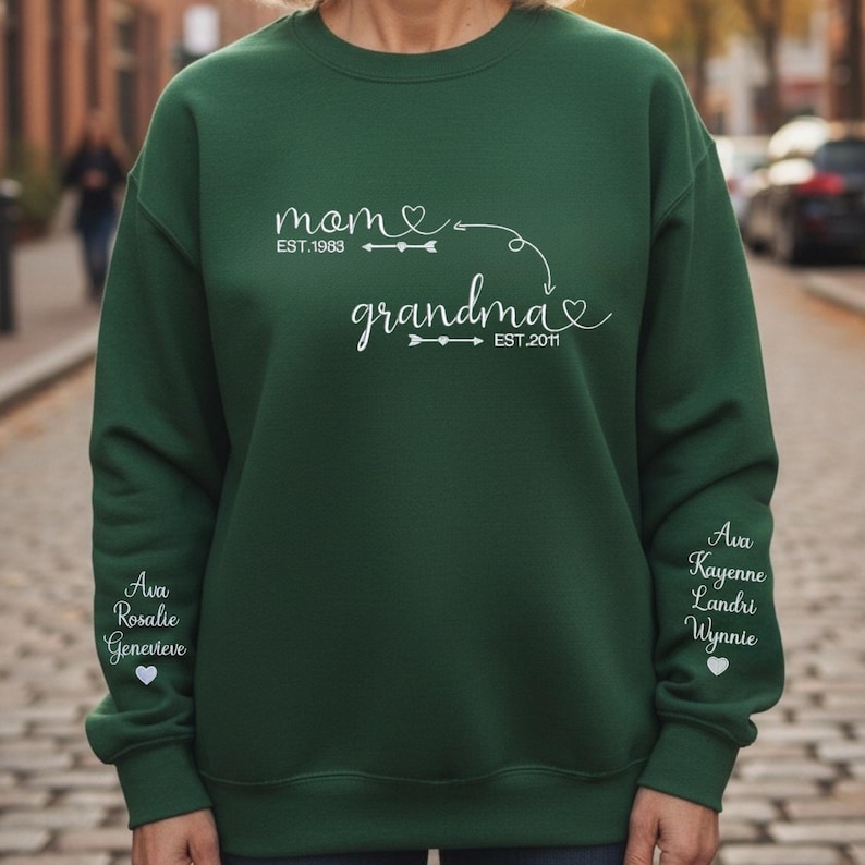 Custom Mom to Grandma Sweatshirt with Kids Names on Sleeves, Personalized Family Sweatshirt Gift