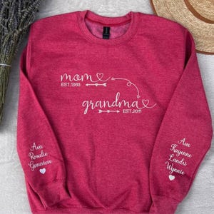 Custom Mom to Grandma Sweatshirt with Kids Names on Sleeves, Personalized Family Sweatshirt Gift