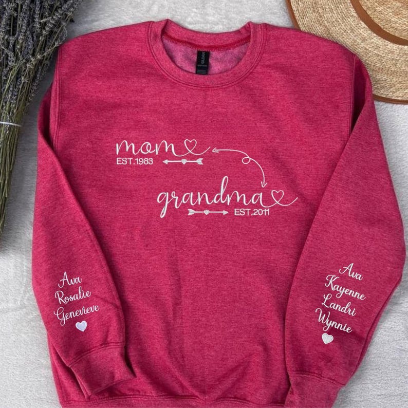 Custom Mom to Grandma Sweatshirt with Kids Names on Sleeves, Personalized Family Sweatshirt Gift