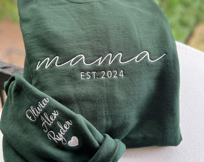 Embroidered Mama Sweatshirt: Personalized Kids Names & Date - New Mom Gift