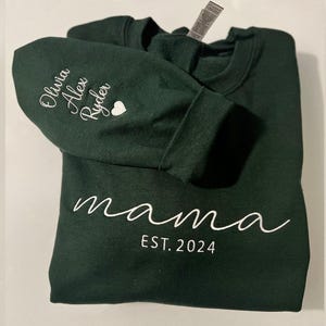 Embroidered Mama Sweatshirt with Date and Kids Names on Sleeve, Custom Embroidered Mama Sweatshirt with Date and Kids Names on Sleeve