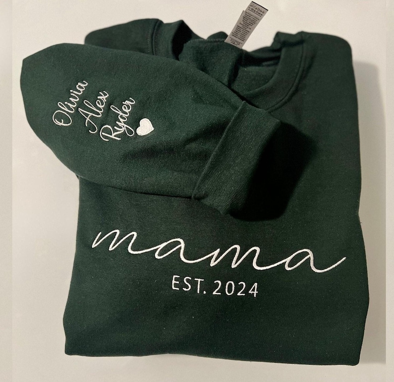 Embroidered Mama Sweatshirt with Date and Kids Names on Sleeve, Custom Embroidered Mama Sweatshirt with Date and Kids Names on Sleeve