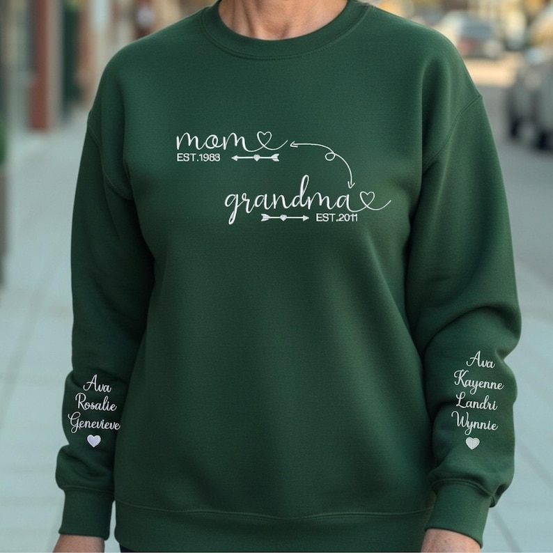 Custom Mom to Grandma Sweatshirt with Kids Names on Sleeves, Personalized Family Sweatshirt Gift