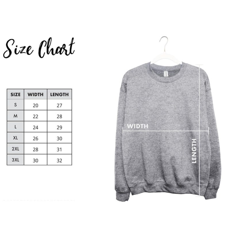 a gray sweatshirt hanging on a hanger, with a size chart and measurements displayed next to it.