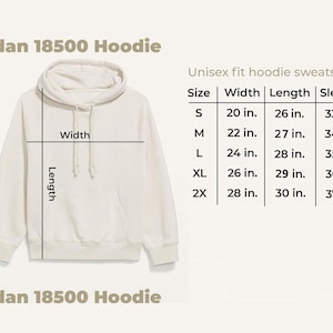 The image is a size chart for a Gildan 18500 Hoodie, showing the measurements for different sizes.