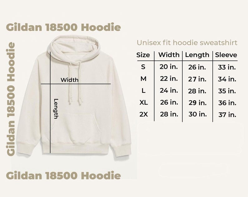 The image is a size chart for a Gildan 18500 Hoodie, showing the measurements for different sizes.