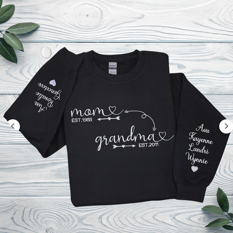 Custom Mom to Grandma Sweatshirt with Kids Names on Sleeves, Personalized Family Sweatshirt Gift
