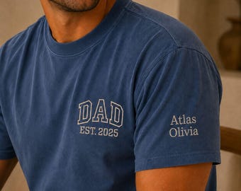 Comfort Colors Custom Dad Embroidered T-Shirt, Father’s Day Shirt with Kids Names on Sleeve