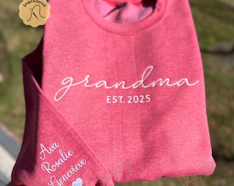 Custom Embroidered Grandma Sweatshirt, Grandkids Names on Sleeve, Personalized Gift