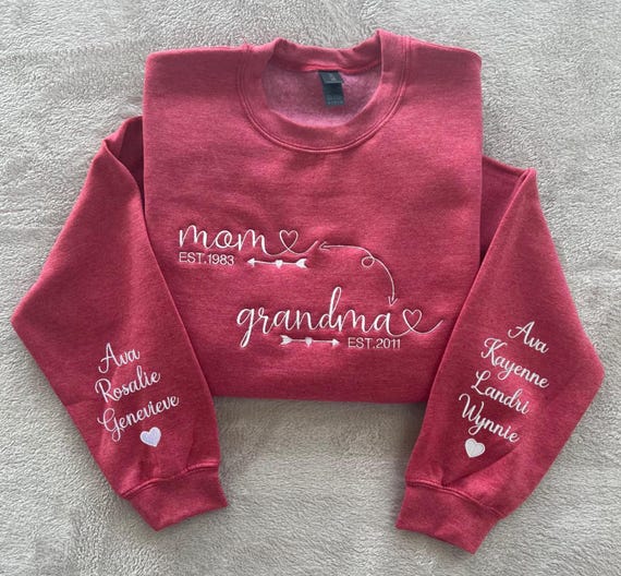 Custom Mom to Grandma Sweatshirt with Kids Names on Sleeves, Personalized Family Sweatshirt Gift